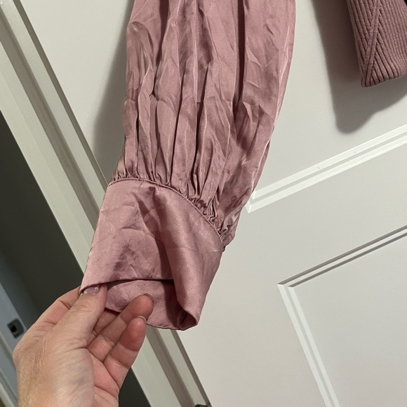 Anthropologie Womens Twofer Faux Wrap Sweater Size Small MauvePuff Sleeve Ribbed - Picture 6 of 12